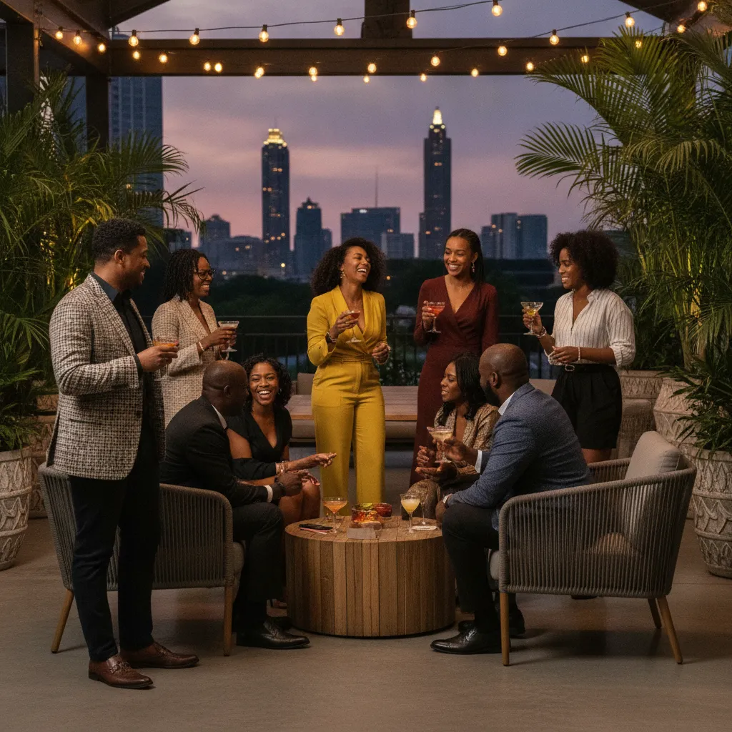 A diverse group of African American and Afro-Caribbean event planners and vendors networking in a stylish, modern outdoor lounge area at an Atlanta event venue