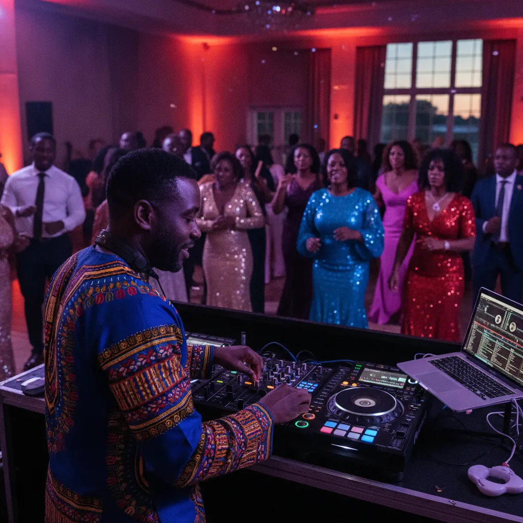 A Black DJ, mid-30s, wearing a stylish dashiki, expertly mixing music on a modern DJ setup with glowing turntables at a vibrant wedding reception