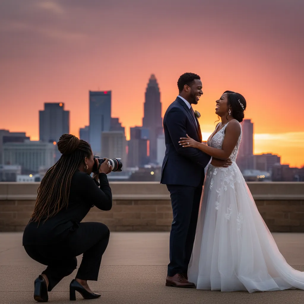 A joyful African American couple laughs candidly as their wedding photographer, a Black woman with dreadlocks