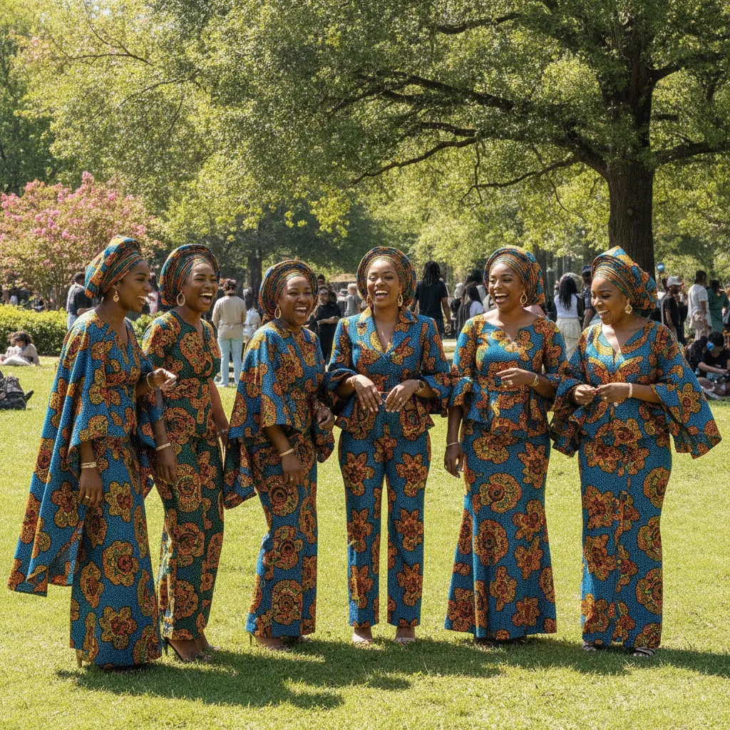 A group of African American women, beautifully dressed in vibrant, coordinated Aso Ebi outfits made from patterned ankara fabric