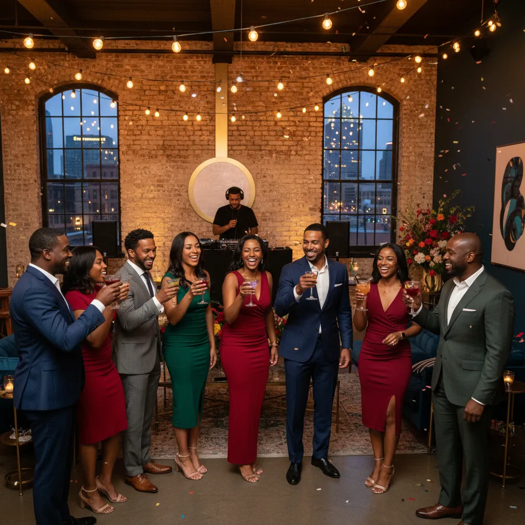 A vibrant adult birthday party in a stylish Dallas loft, featuring African American guests dressed in smart casual attire, laughing and toasting with cocktails under warm string lights, with a DJ booth subtly in the background.