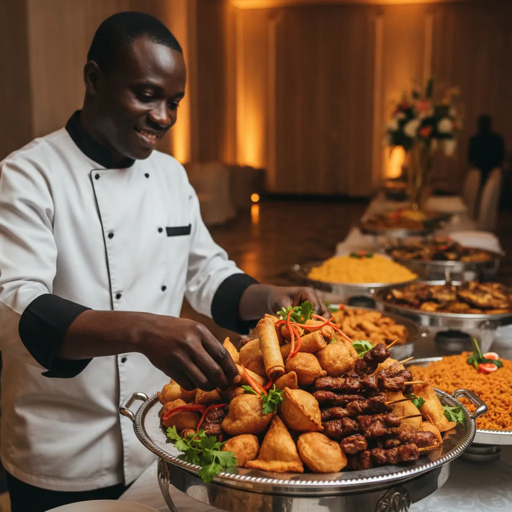 A professional African American caterer in a chef's jacket, meticulously arranging an array of Nigerian small chops on a serving platter for an event. The caterer is smiling, focused on presentation