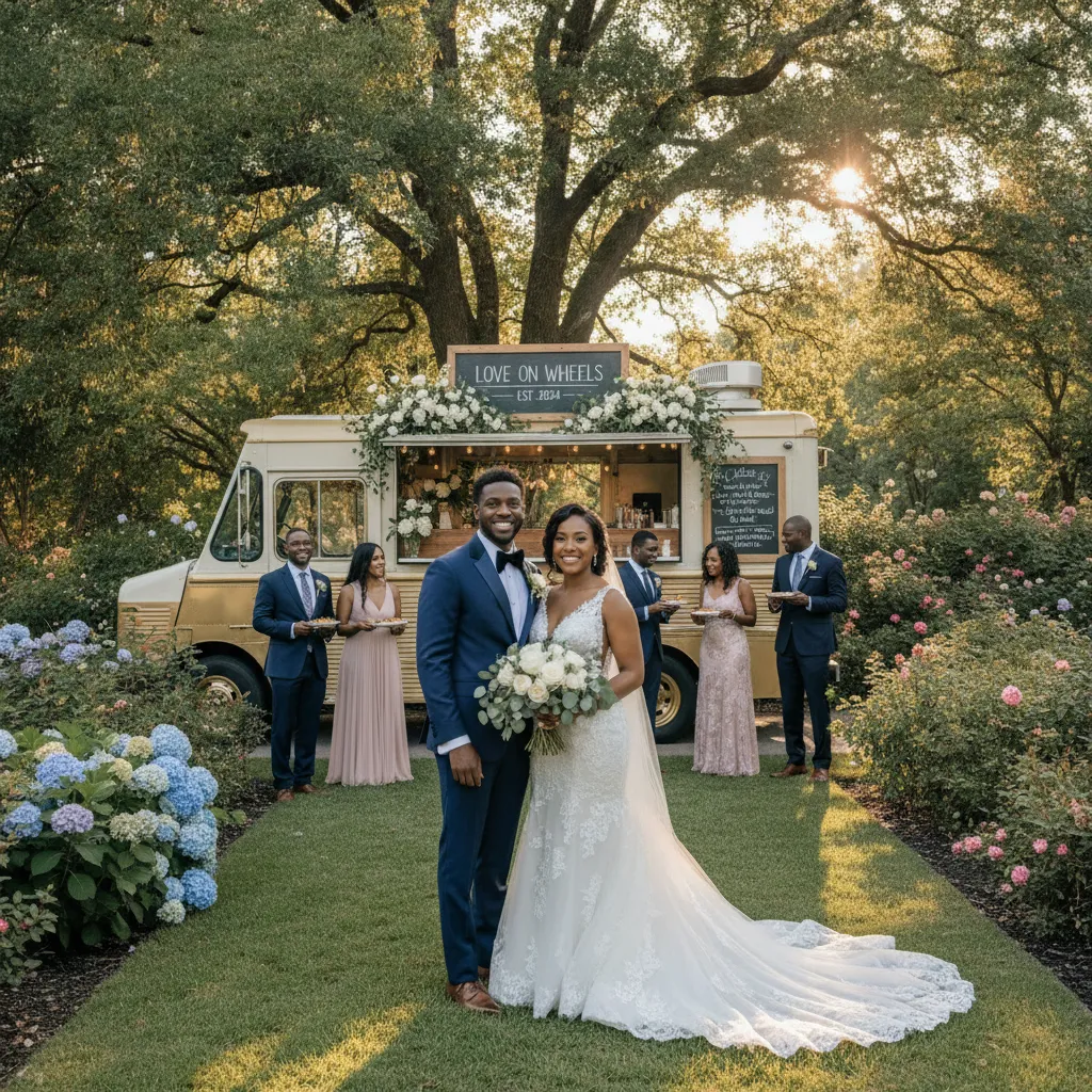 An African American couple, dressed in elegant wedding attire, stands smiling in front of a beautifully decorated food truck at their outdoor reception in a manicured garden venue in Atlanta