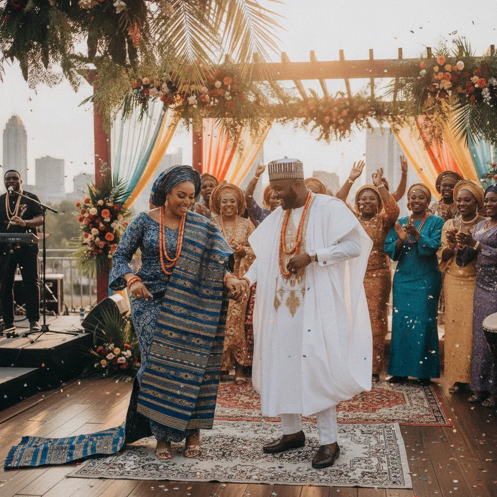 A vibrant, joyous African American couple, dressed in elegant traditional Nigerian wedding attire (aso-oke for the bride