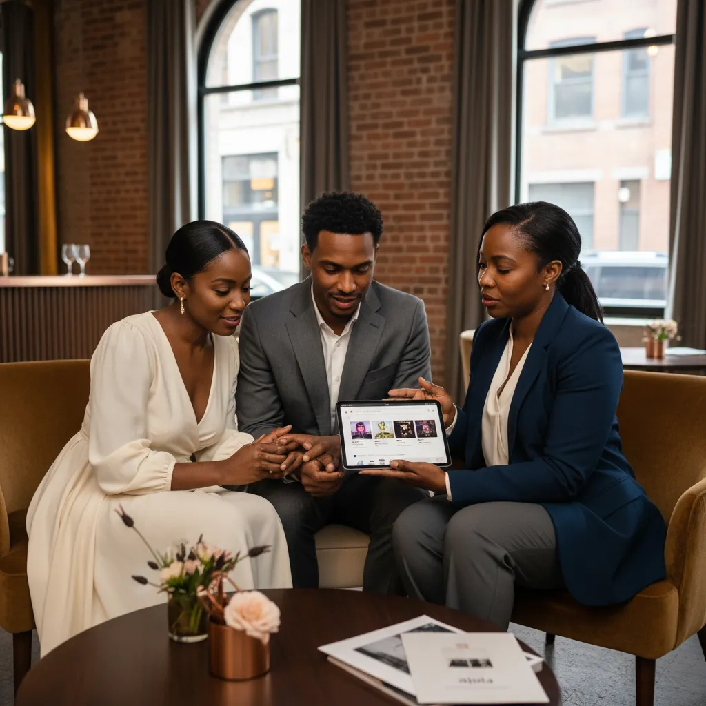 A Black event planner consulting with a Black couple at a chic New York venue, showing them options for music on a tablet