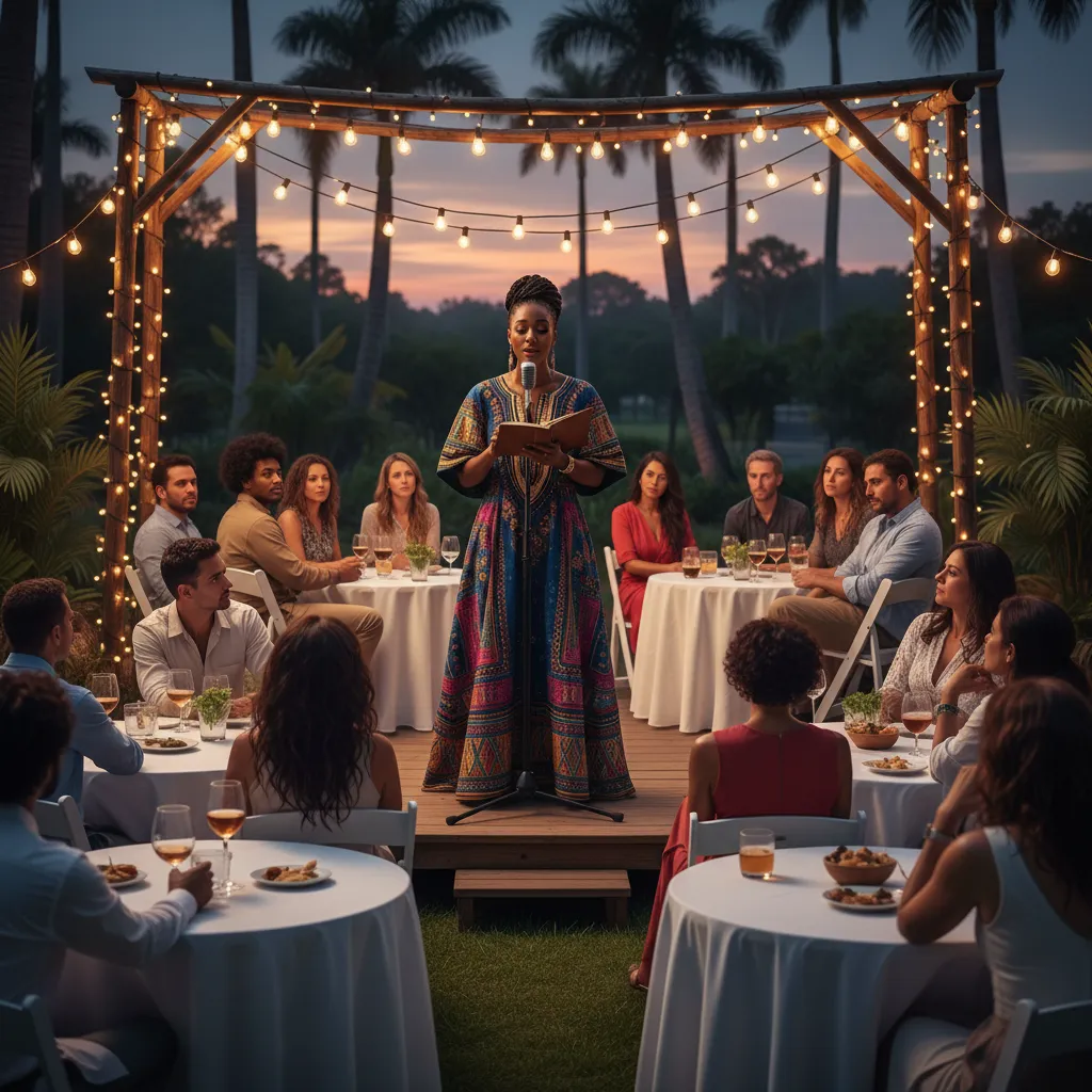 A vibrant outdoor evening event where an African American woman, elegantly dressed in a dashiki-inspired gown