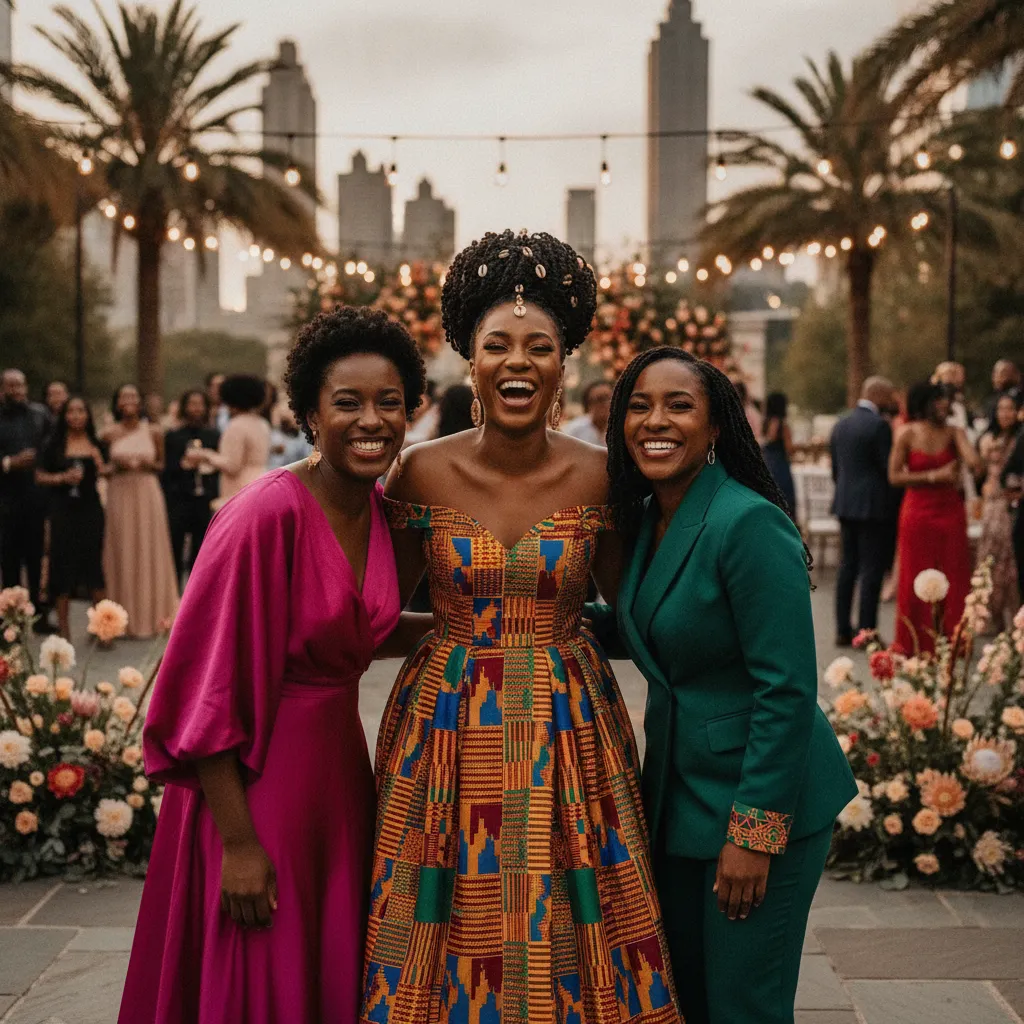 A Black woman in a vibrant, patterned kente cloth dress, her hair styled in an elaborate, natural updo, laughing joyfully with her friends at a lively outdoor wedding reception in Atlanta