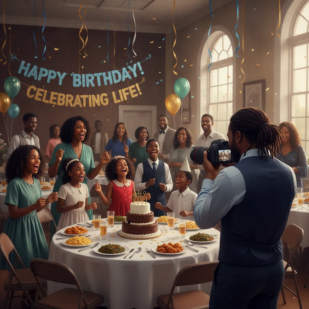 A Black family celebrating a birthday party in a decorated community center in Atlanta