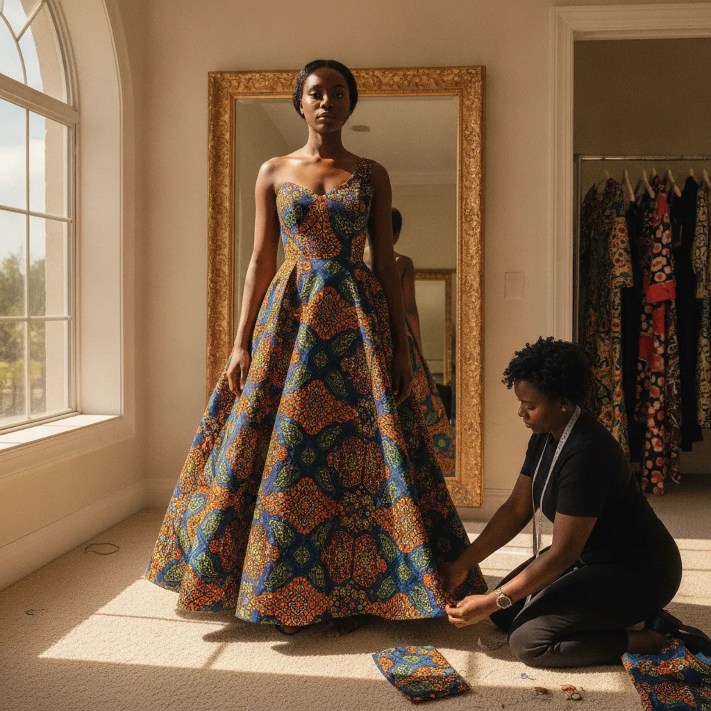 A Black woman in her late 20s stands confidently in a fitting room, wearing a partially completed vibrant Ankara print gown