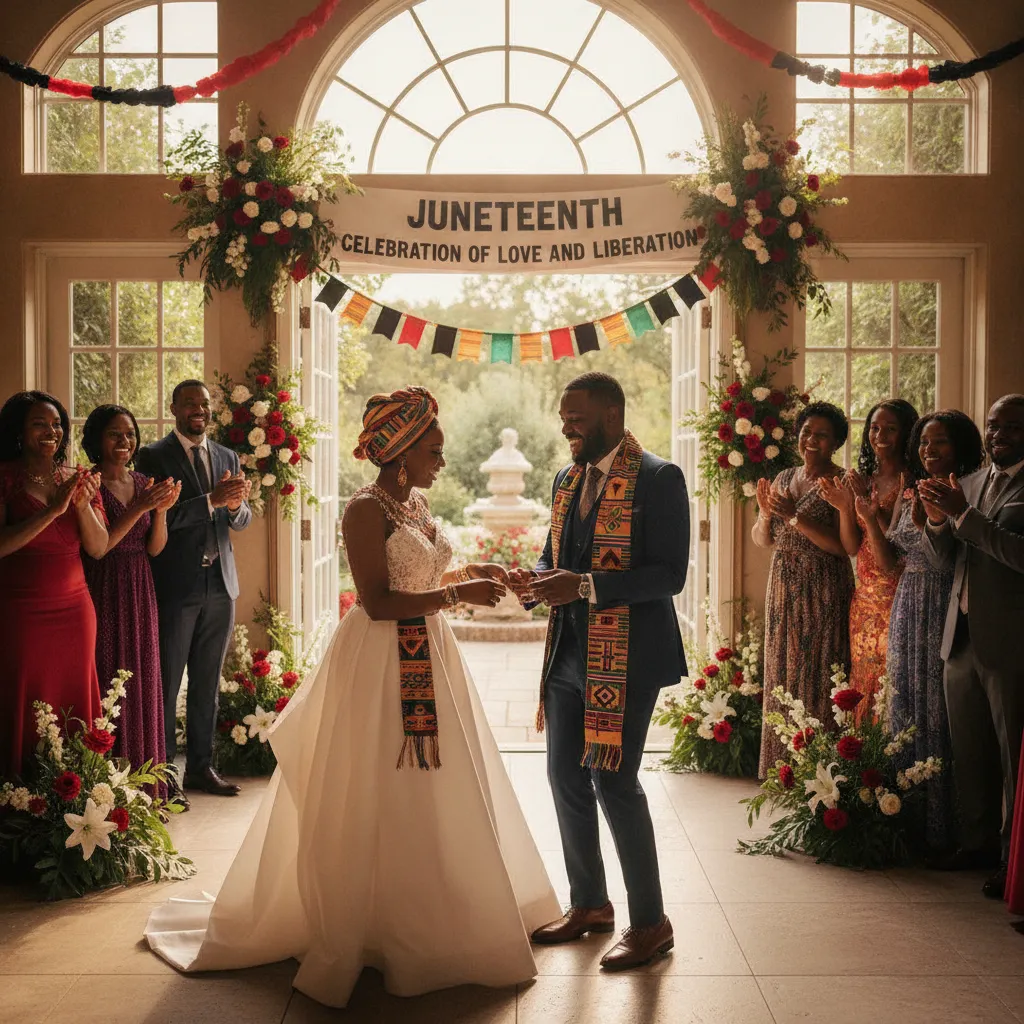 A joyful African American couple, dressed in elegant modern wedding attire with subtle African-inspired accents. Guests of all ages are smiling and clapping in the background