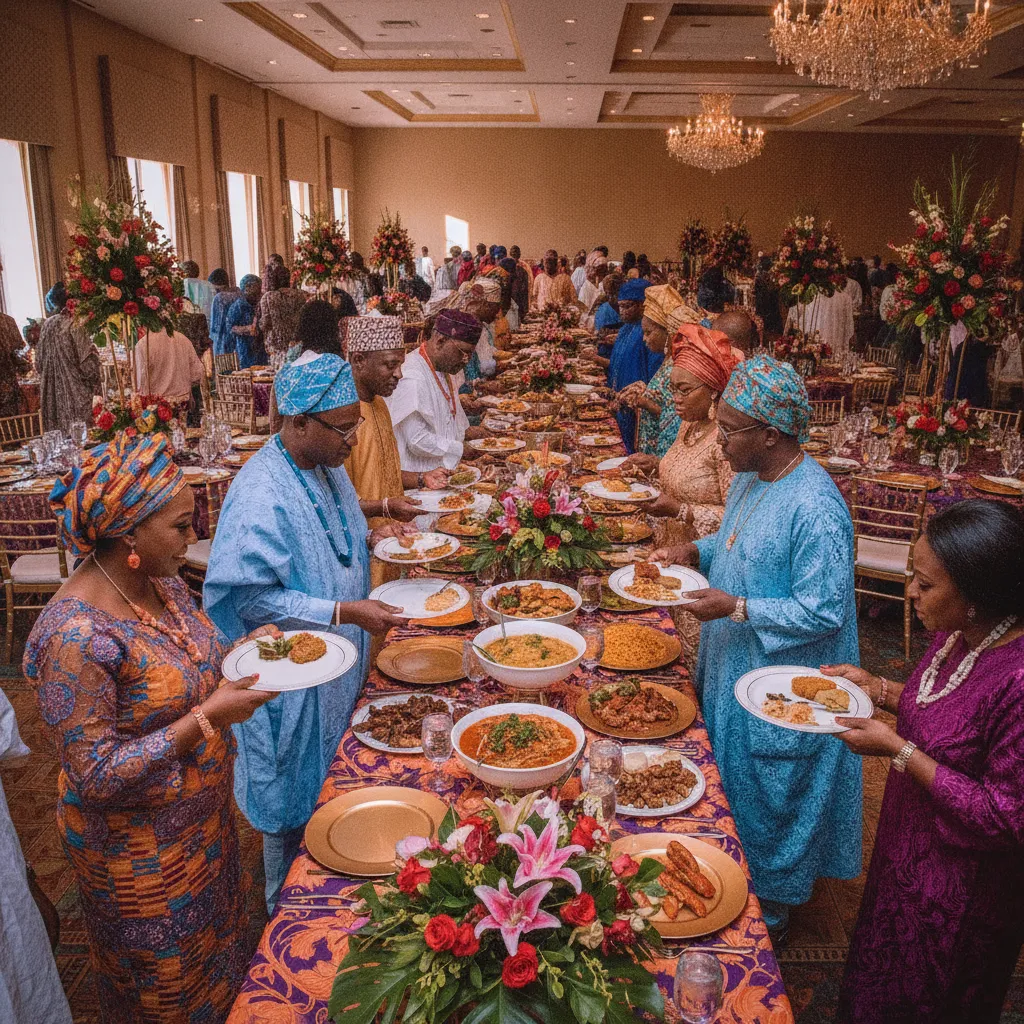 A vibrant, bustling Nigerian wedding reception in Atlanta, with elegantly dressed African American guests in colorful traditional attire, enjoying a buffet of authentic Nigerian dishes