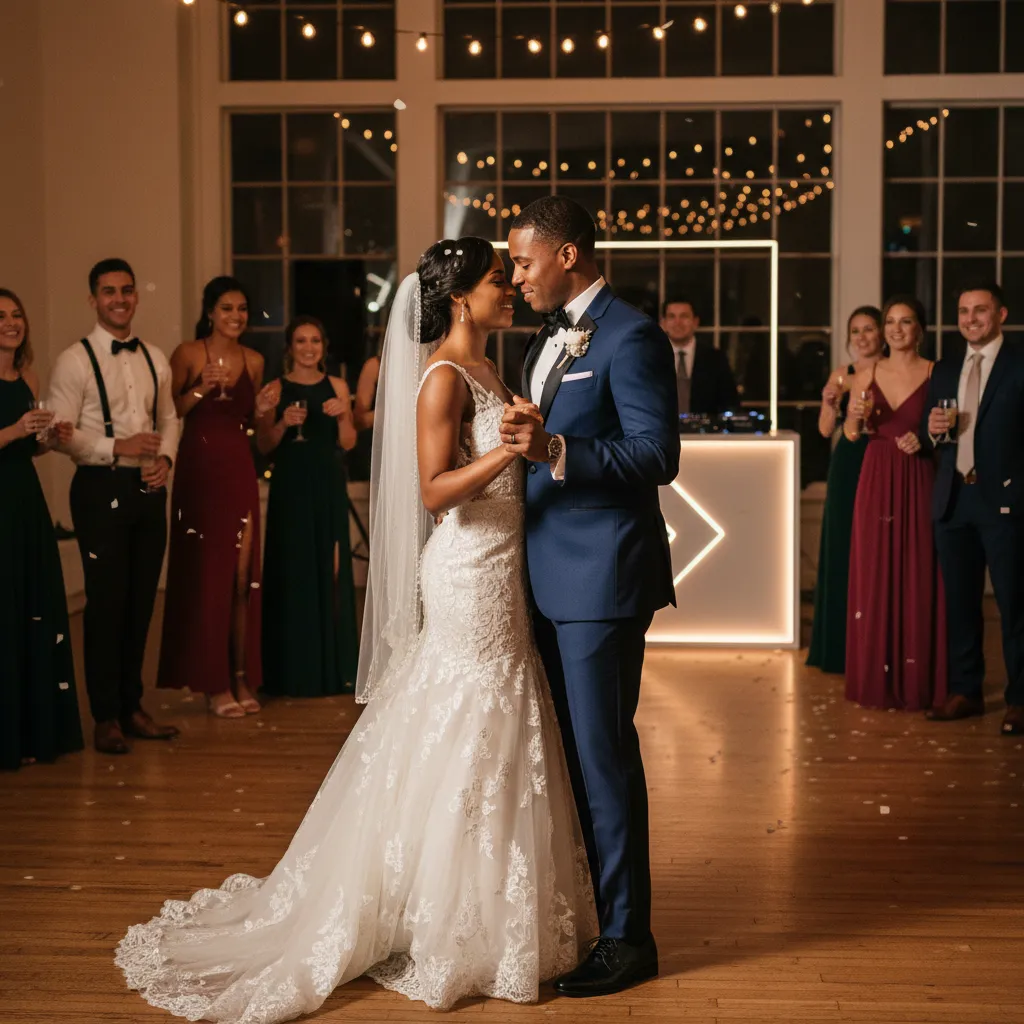 While guests smile and sway in the background. The scene exudes warmth and joy, with a subtle hint of a DJ booth in the distance