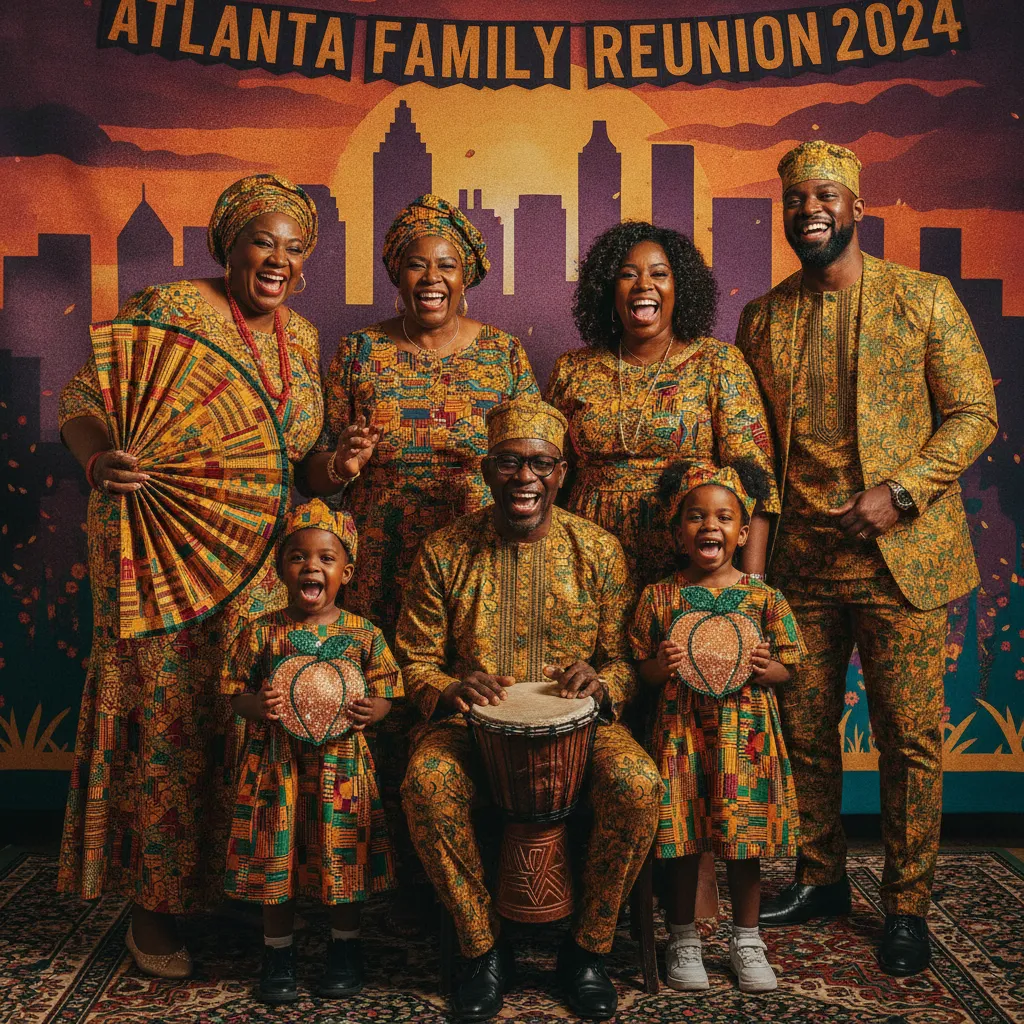 A vibrant, multi-generational African American family, dressed in festive attire, laughing heartily while posing with oversized, culturally relevant props (e.g., kente cloth fan, djembe drum miniature) in front of a custom-designed backdrop featuring an Atlanta cityscape silhouette at a family reunion.