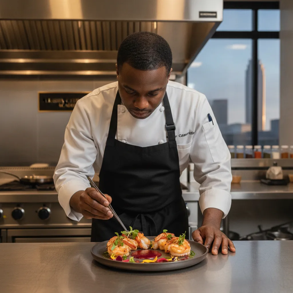 A professional African American chef in a clean white chef's coat