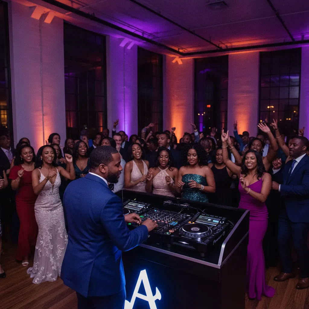 A vibrant, high-energy scene at a wedding reception in Atlanta, featuring a charismatic Black male DJ in his late 30s, dressed in a stylish suit, expertly mixing tracks on a state-of-the-art DJ setup