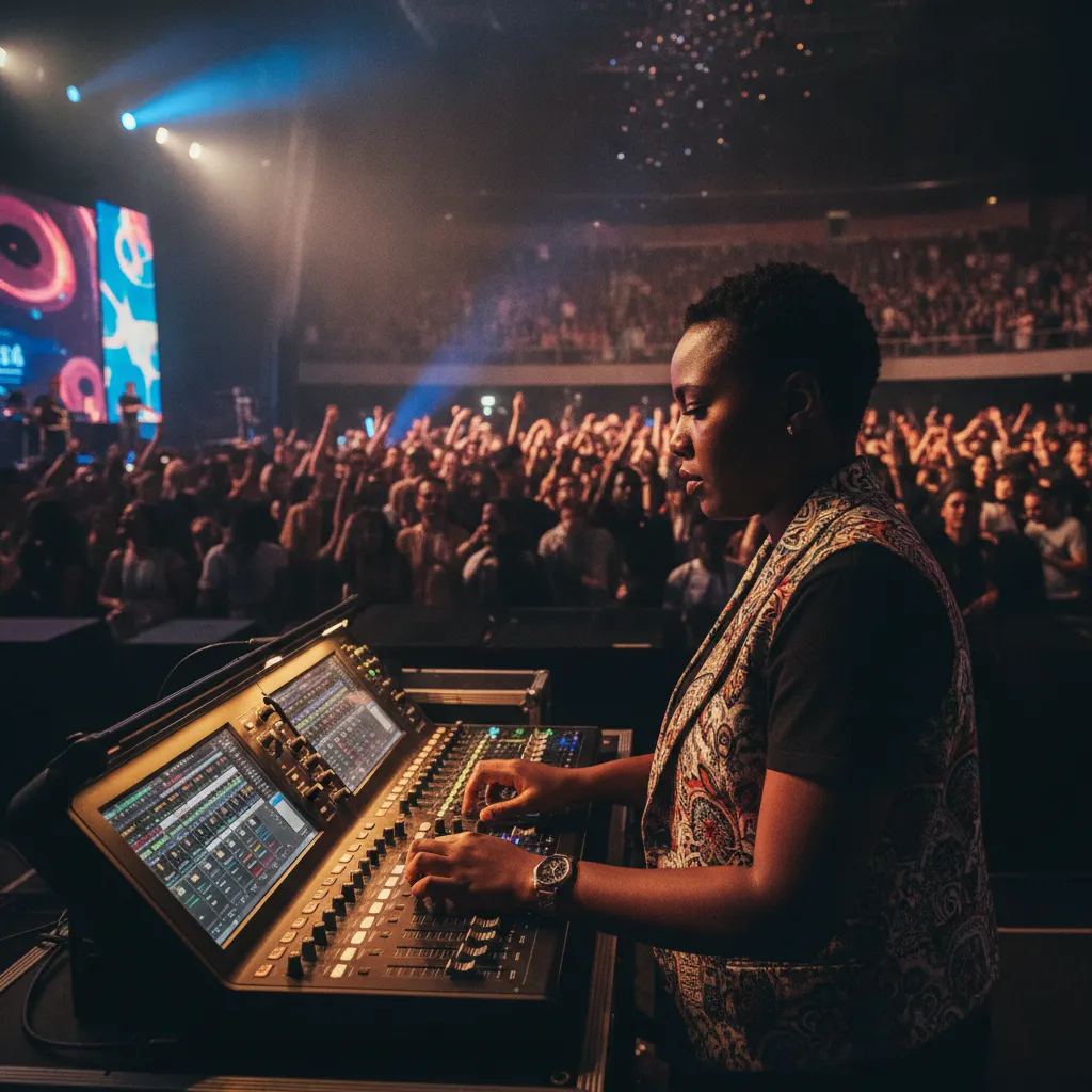 A Black sound engineer expertly adjusts mixing console faders and knobs at a vibrant Afrobeats concert in a packed concert hall in downtown Atlanta