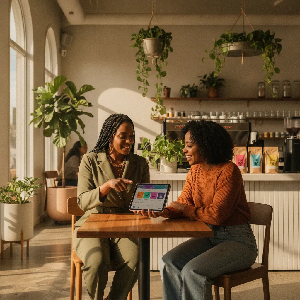 A professional Black female DJ, in her early 30s, confidently engaging with a client (a Black woman in her late 20s) during a consultation in a stylish, modern Atlanta cafe