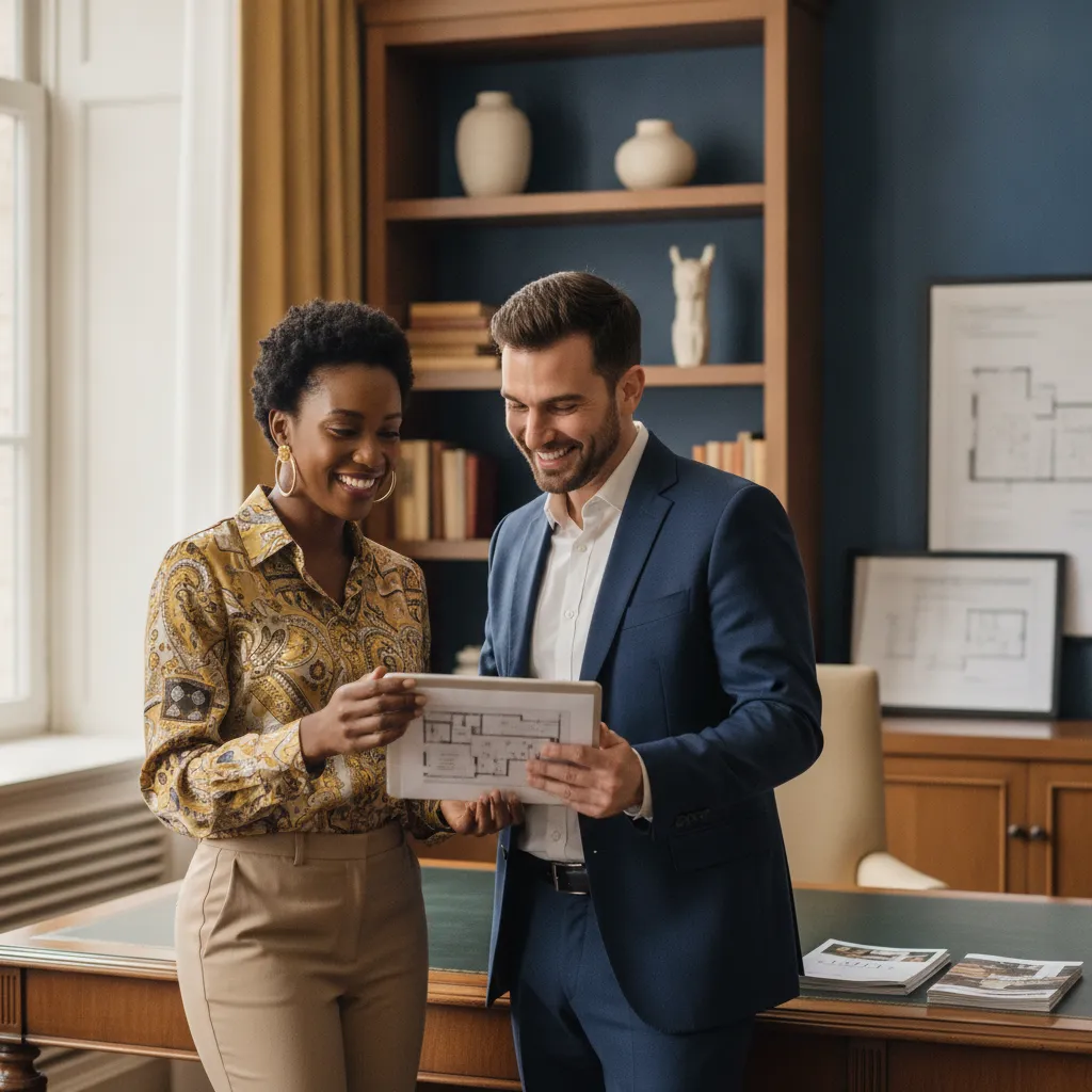 A stylish African American event planner reviewing contracts and floor plans on a tablet with a banquet hall manager, both smiling and in a well-appointed office setting.