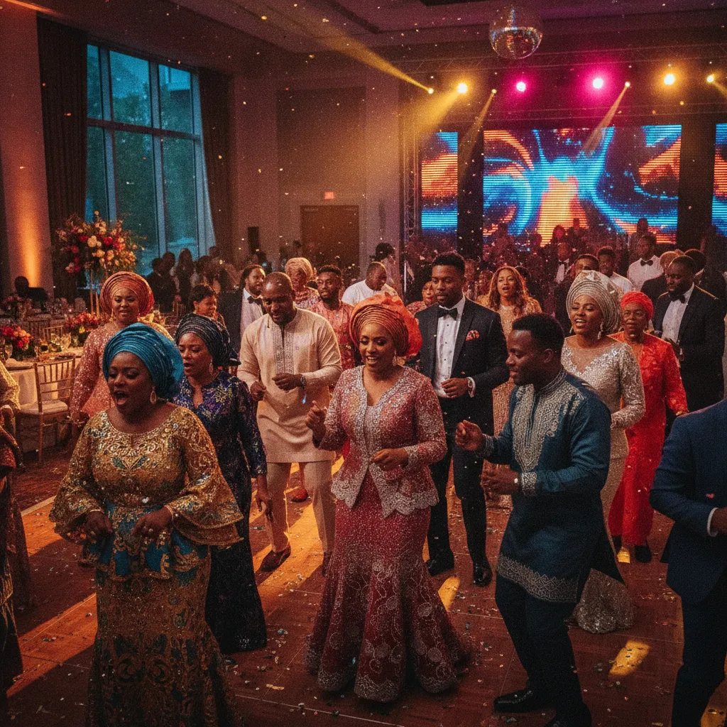 A vibrant, high-energy scene at a wedding reception in Atlanta, featuring African American and Afro-Caribbean guests of all ages dancing enthusiastically to Afrobeats music. The dance floor is packed, with colorful traditional attire mixed with modern formal wear. Disco lights illuminate the joyful crowd.