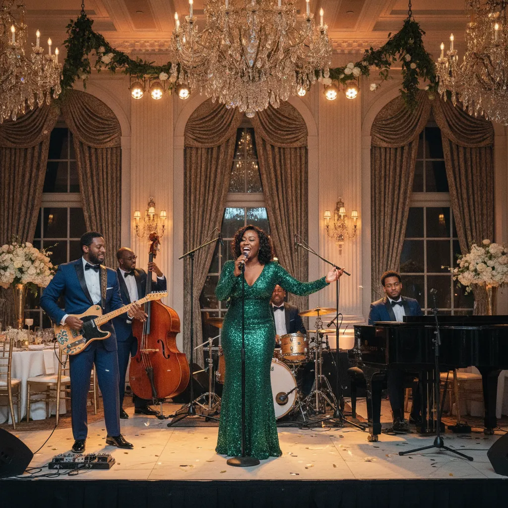 A vibrant African American live band performs on a well-lit stage at an upscale wedding reception in a beautifully decorated ballroom in Buckhead, Atlanta