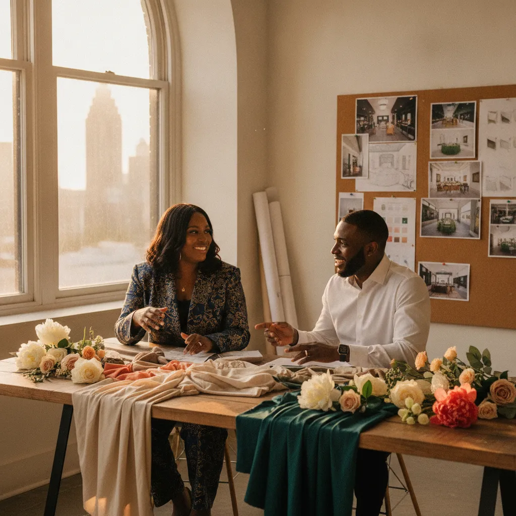 A Black female event planner in a stylish blazer and a male event decorator in a crisp shirt are reviewing fabric swatches and floral samples on a large table in a sunlit Atlanta studio