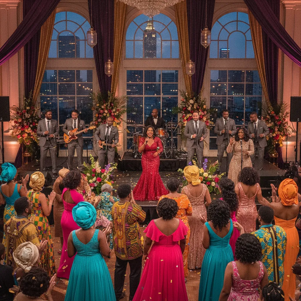 A vibrant African American or Black wedding reception in a beautifully decorated ballroom in downtown Atlanta