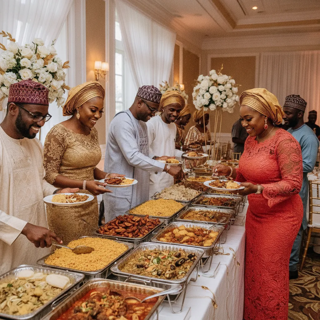 A vibrant Nigerian wedding reception in Atlanta, featuring a lavish buffet spread with Jollof rice, plantains, and assorted stews
