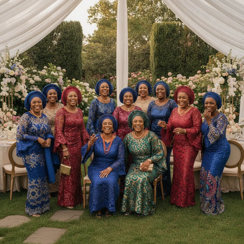 A group of elegantly dressed African American women in vibrant aso-ebi attire are gathered under a white tent in a beautifully manicured garden, laughing and posing for a photo