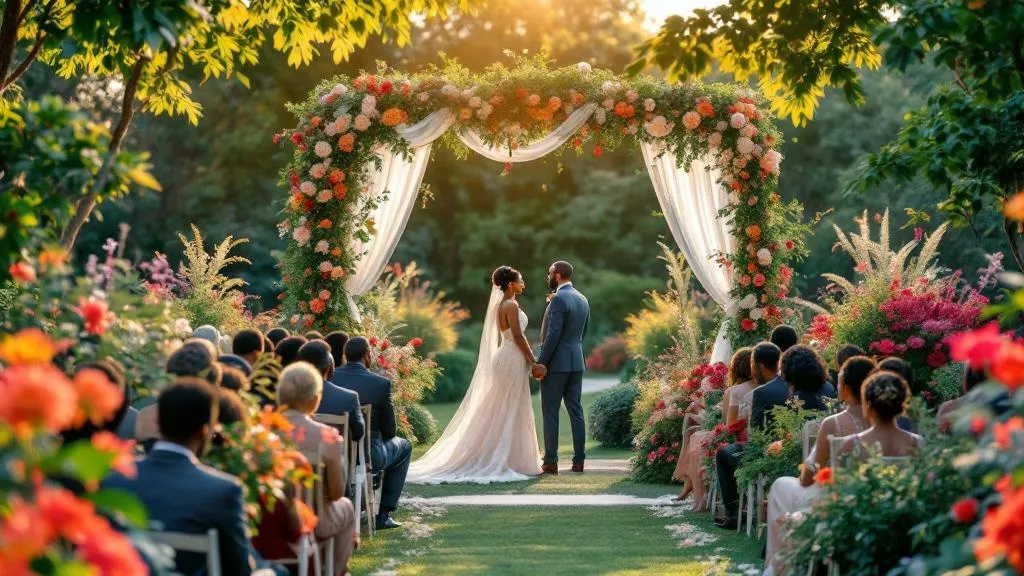 An elegant garden wedding setup in Atlanta with African American guests enjoying the scenery