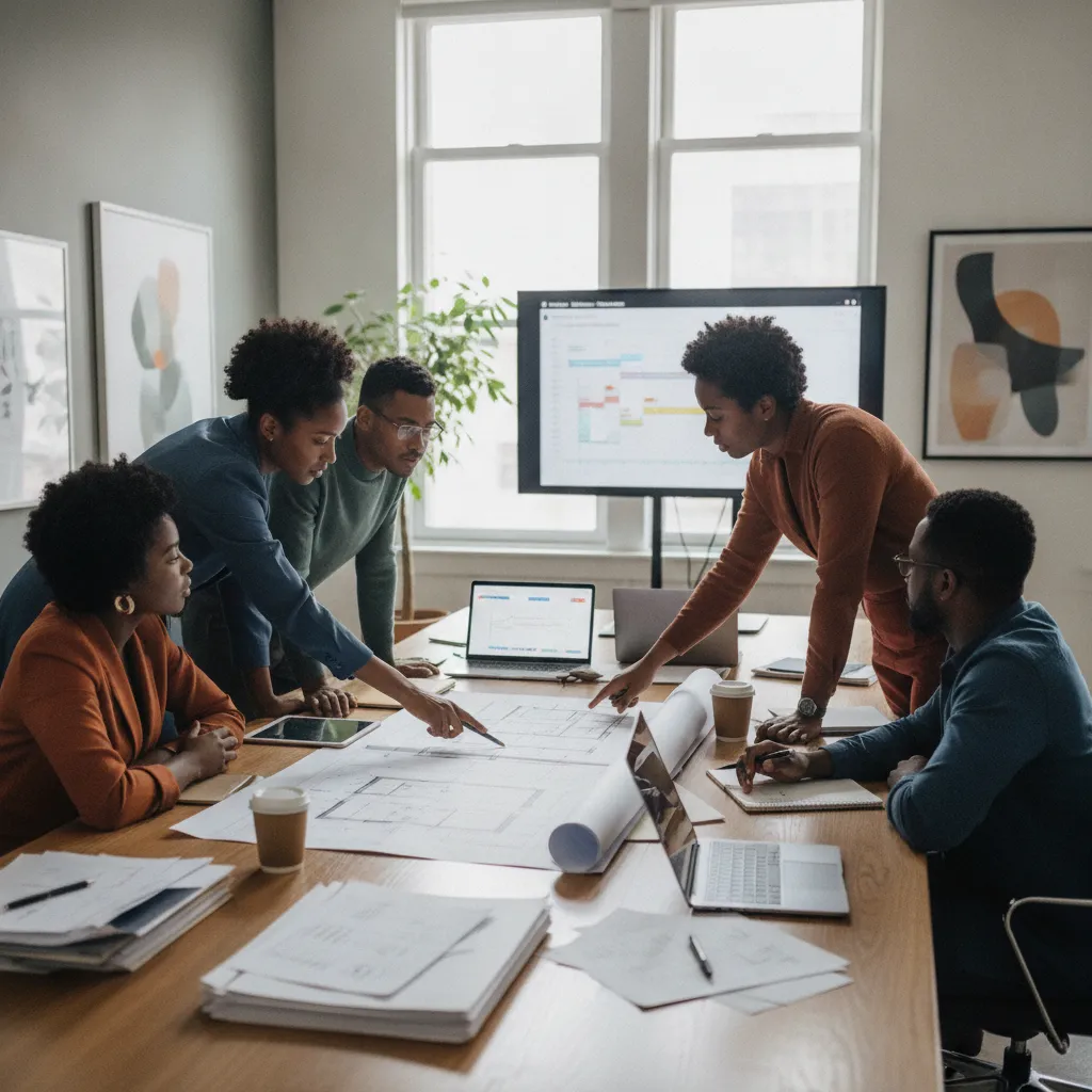 A diverse group of Black event planners, both men and women, intensely reviewing blueprints and discussing logistics around a large table in a modern office