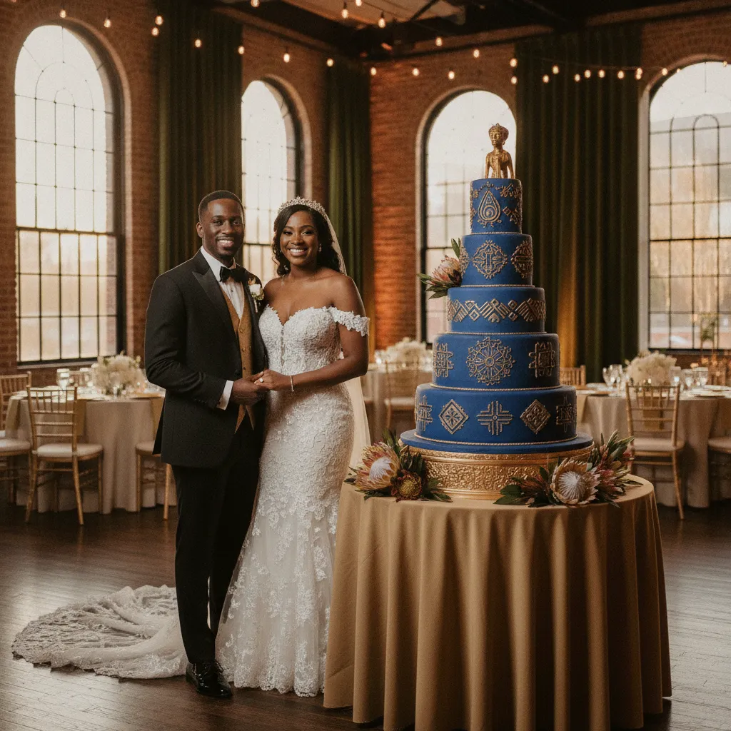 A Black couple, dressed in elegant wedding attire, stands smiling next to a vibrant, multi-tiered wedding cake adorned with gold accents and intricate African-inspired patterns