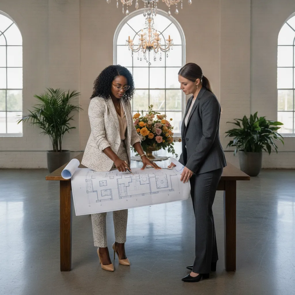 A stylish Black event planner in a chic blazer and glasses reviews a wedding venue floor plan with a venue manager inside a modern, naturally lit Atlanta event space