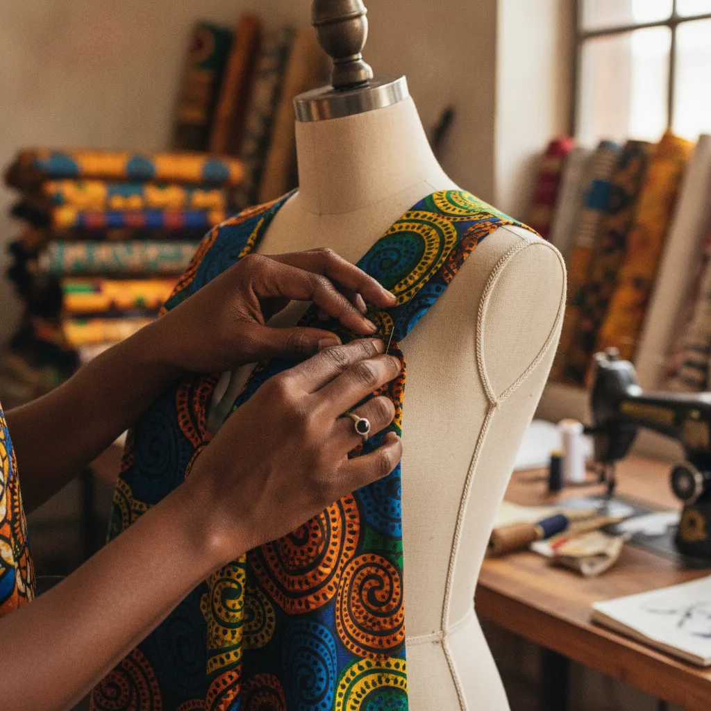 Adorned with a subtle ring, meticulously pinning vibrant Ankara fabric onto a mannequin. Rolls of various African textiles are visible in the background, creating a rich, colorful workshop atmosphere