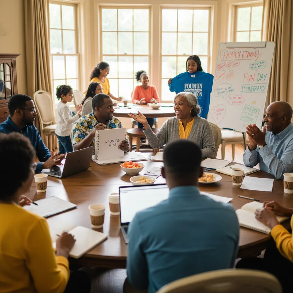 A diverse group of African American family members, spanning generations, actively participating in a reunion committee meeting, discussing plans with enthusiasm.