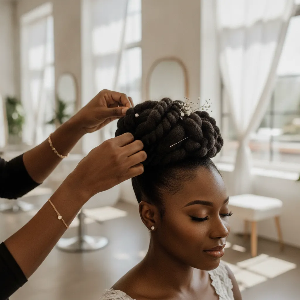 A close-up of a Black hair stylist's hands meticulously pinning an elegant bridal bun on an African American bride, her expression serene