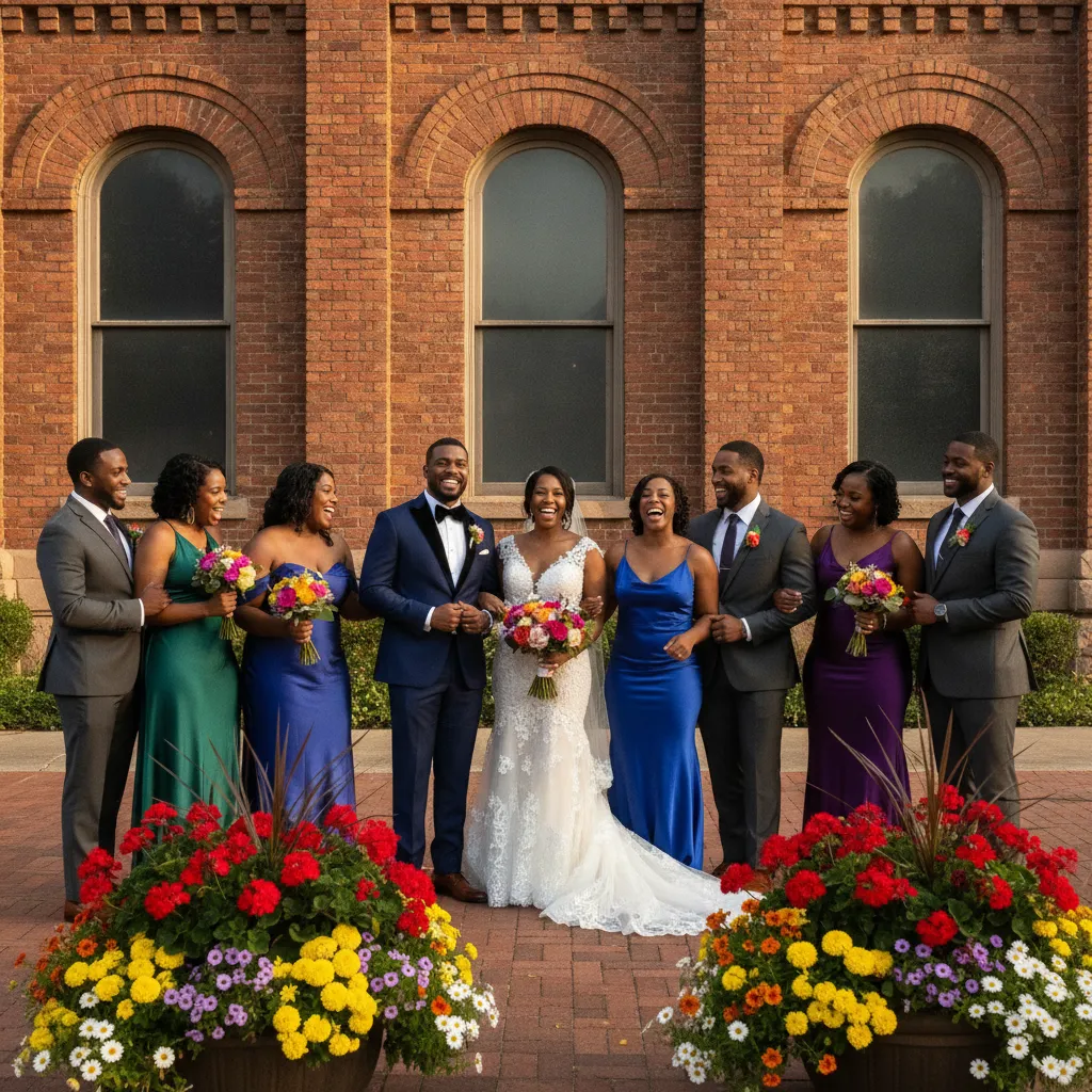 An African American wedding party, dressed in elegant formal wear, laughing and posing joyfully in front of a historic brick building in the Sweet Auburn district of Atlanta