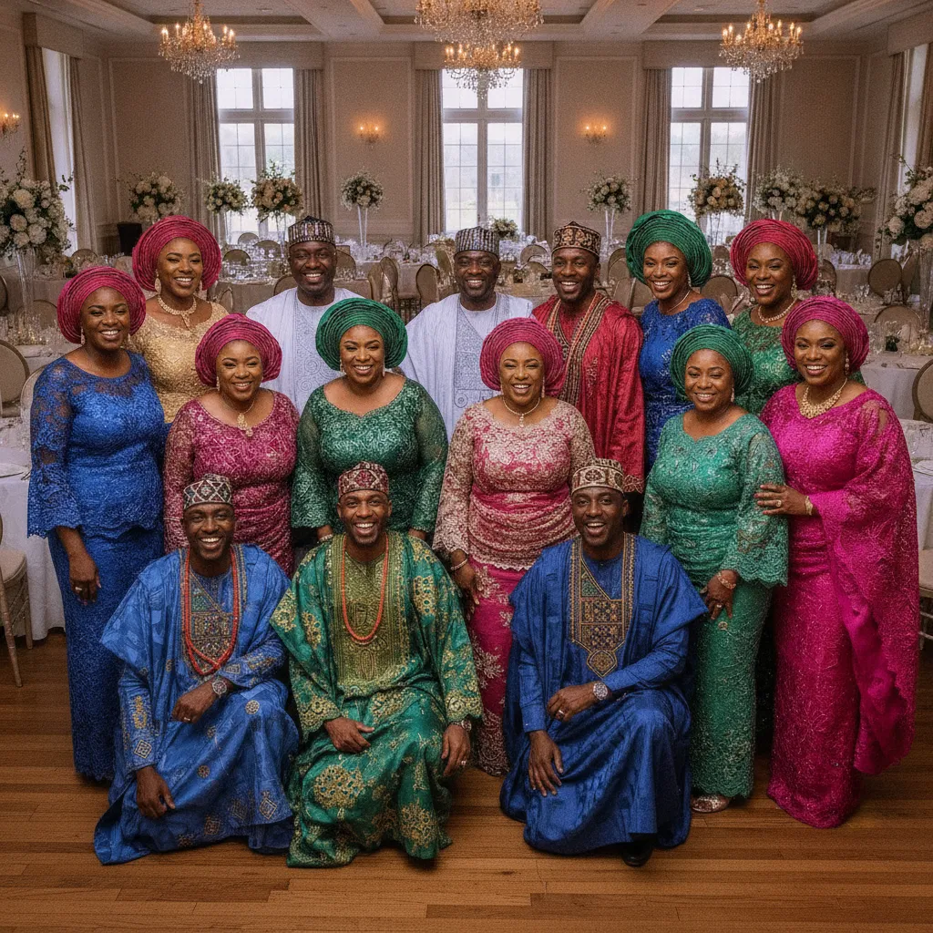 A group of Black women and men, dressed in stunning, colorful aso ebi attire, are posing for a vibrant group photo in a spacious, well-lit banquet hall