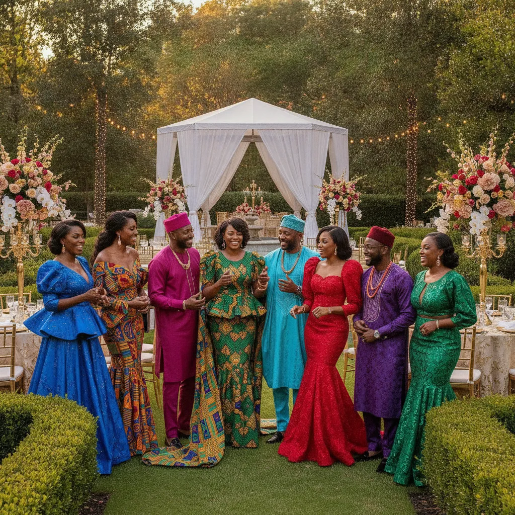 A group of elegantly dressed Black women and men pose confidently at a lavish outdoor event in Atlanta. They are laughing and interacting, with a beautifully decorated event space in the background