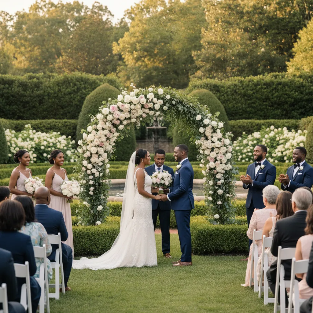 A vibrant outdoor wedding ceremony featuring a Black couple exchanging vows under a floral arch, surrounded by elegantly dressed guests