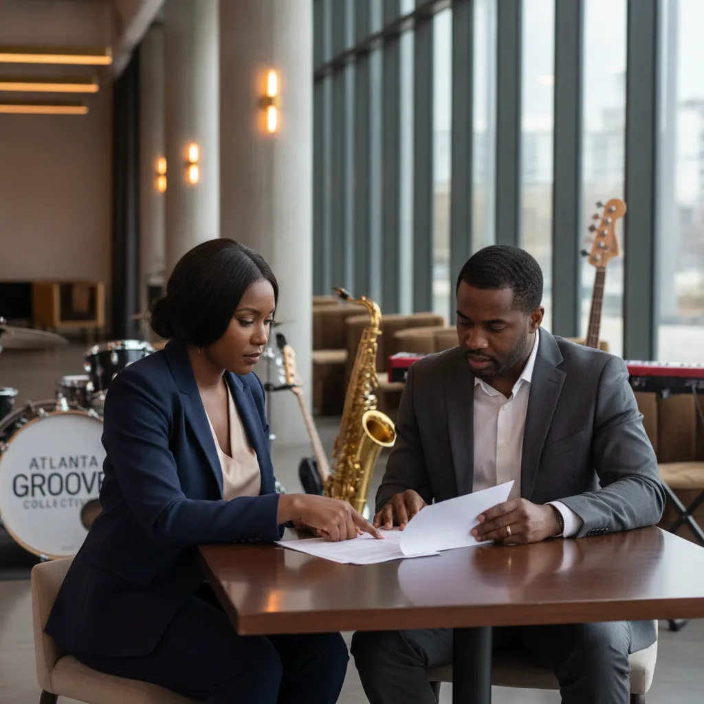A Black event planner, dressed professionally, is reviewing a detailed contract with a male African American band leader inside a modern Atlanta event venue