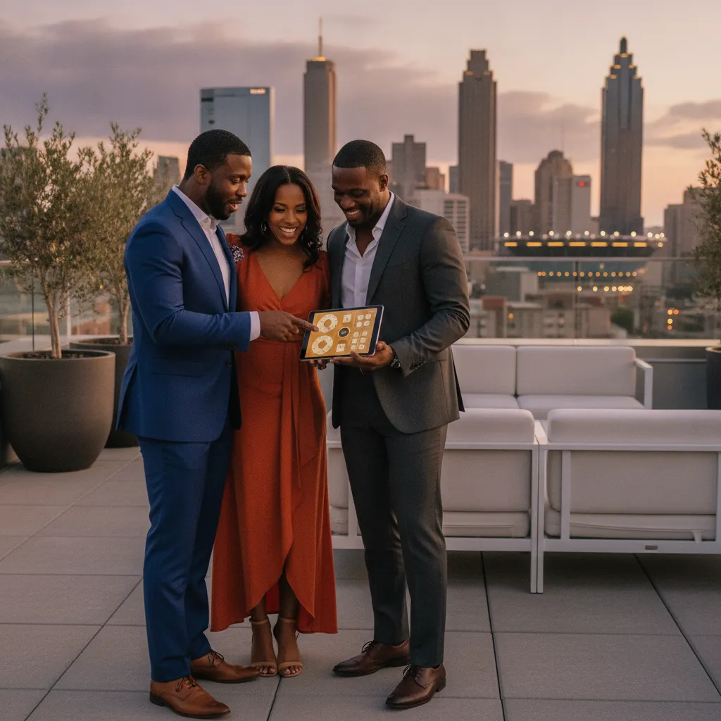 A Black event planner in a stylish suit is discussing a floor plan with a Black couple on a modern rooftop patio overlooking the Atlanta skyline