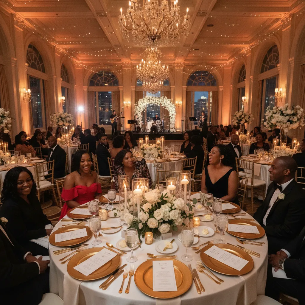 An elegant African American wedding reception in a luxurious Atlanta banquet hall, with guests seated at beautifully decorated tables under soft, warm lighting, laughter and conversation filling the air.