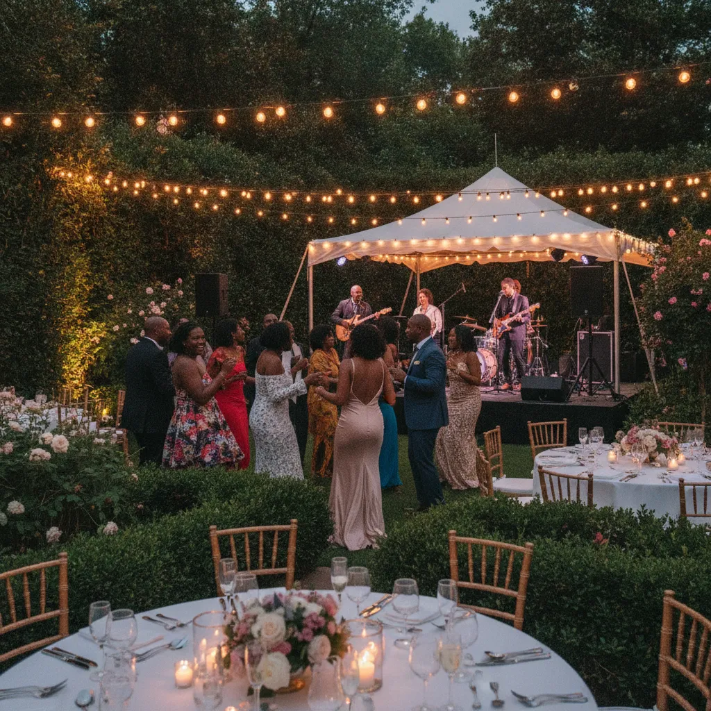 A vibrant outdoor wedding reception in a beautifully lit garden in Atlanta at dusk