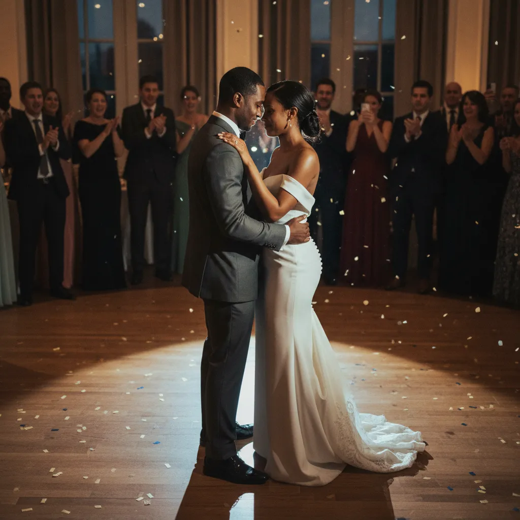 A Black bride and groom, in modern elegant wedding attire, sharing a tender, emotional moment during their first dance on a beautifully lit dance floor, with guests in the background celebrating