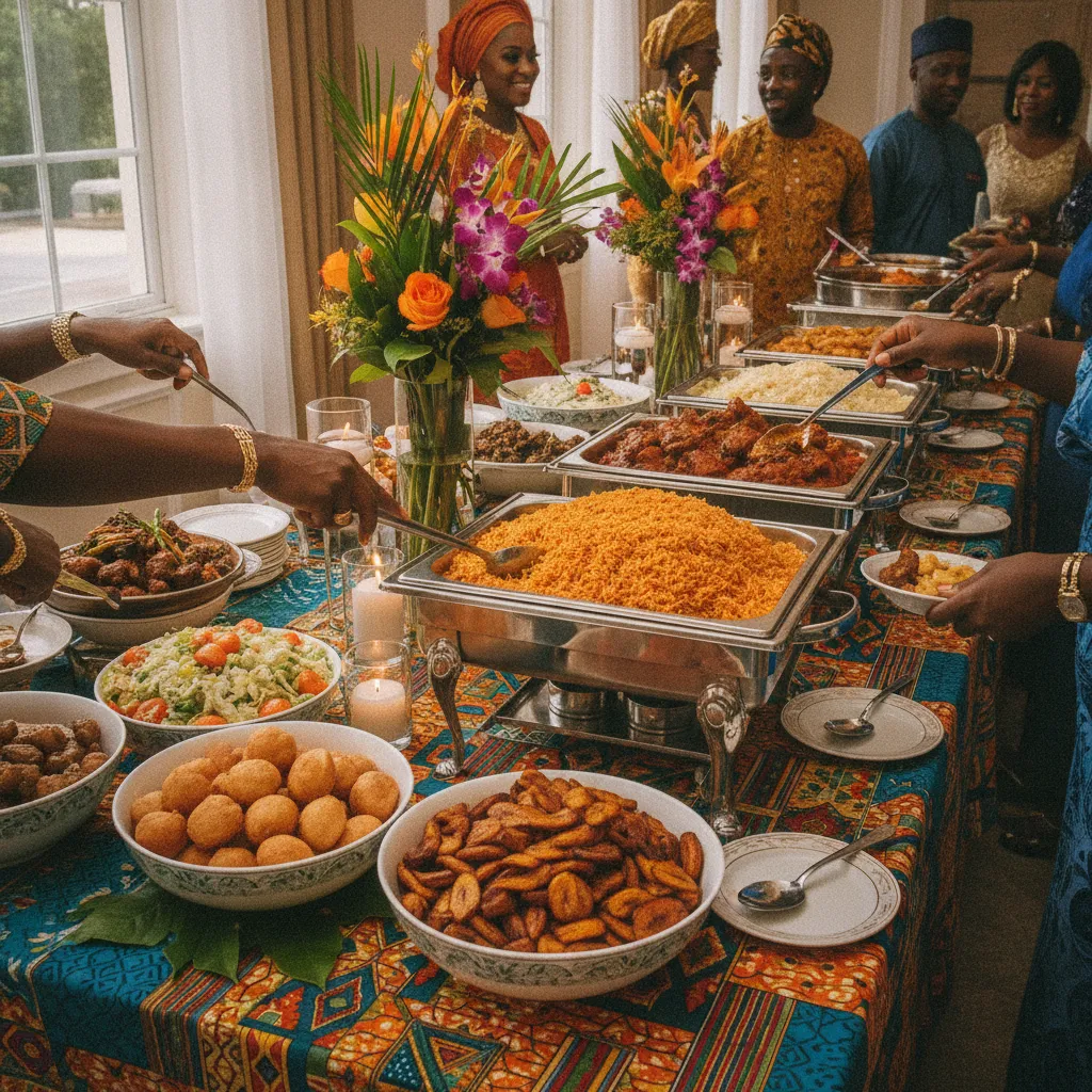 An elegant buffet station at a Nigerian engagement party in Atlanta, featuring bowls of perfectly cooked Jollof rice, stewed chicken