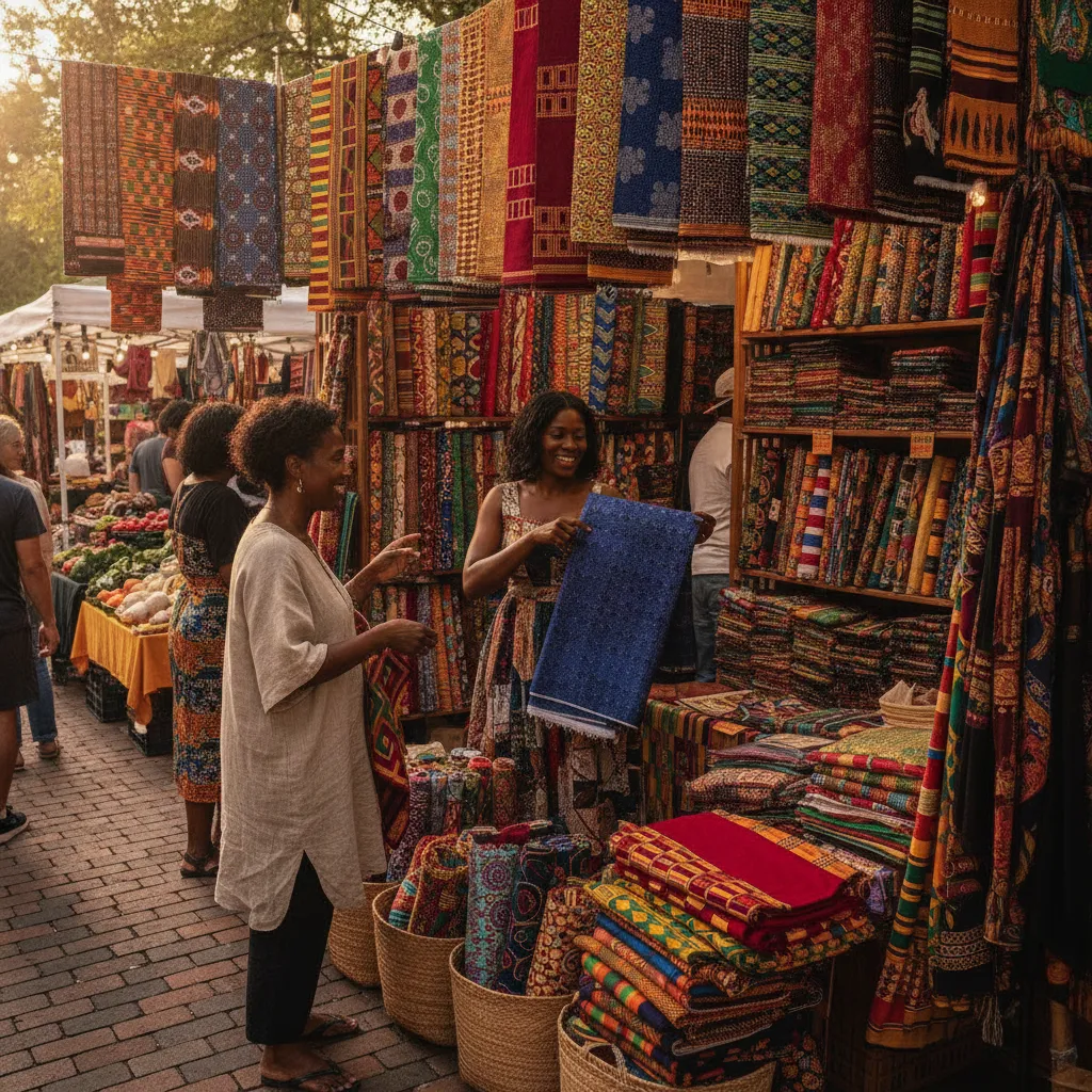 A busy, vibrant market stall in Atlanta, filled with colorful rolls of Ankara fabric, Kente cloth, and other African textiles. A Black woman, the designer, is discussing fabric options with an African American client, both smiling.