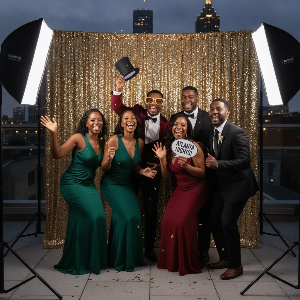A diverse group of Black friends, dressed in semi-formal attire, laughing and striking playful poses inside a chic, open-air photo booth setup with a shimmering gold backdrop at an evening event in Atlanta.