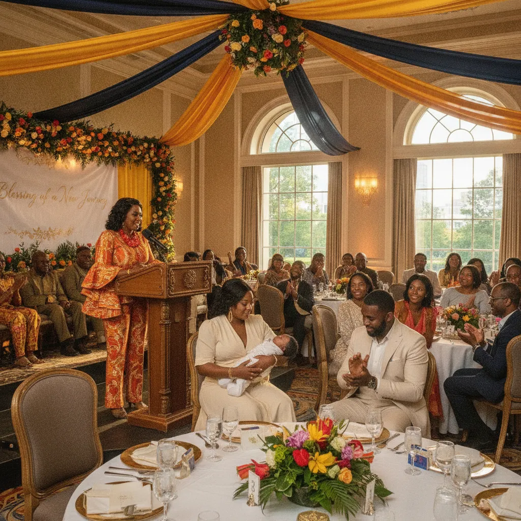 A vibrant African American naming ceremony in a beautifully decorated hall in Atlanta