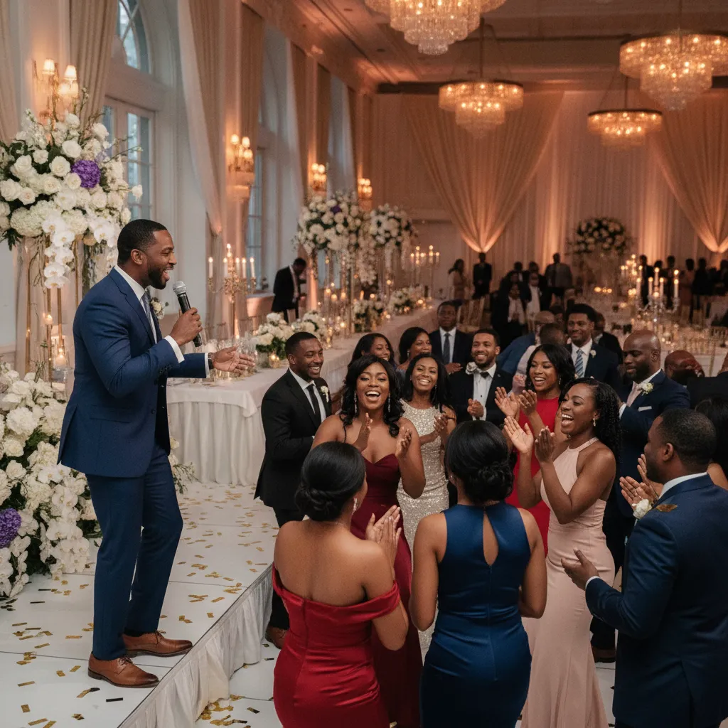 A vibrant African American wedding reception in a beautifully decorated ballroom in Atlanta