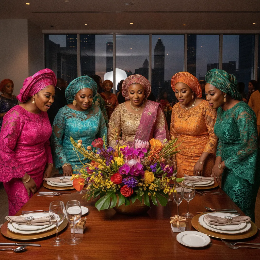 A group of Black women in colorful aso-ebi attire admiring a beautifully set table with a vibrant centerpiece and elegant place settings at an indoor event in Atlanta. Soft studio lighting